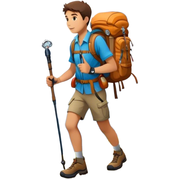 Icon for Mountain Tourism: a scenic mountain range with a hiker carrying a backpack, trekking poles, and a compass. The icon should evoke the adventure and beauty of exploring the mountains. Transparent background. emoji