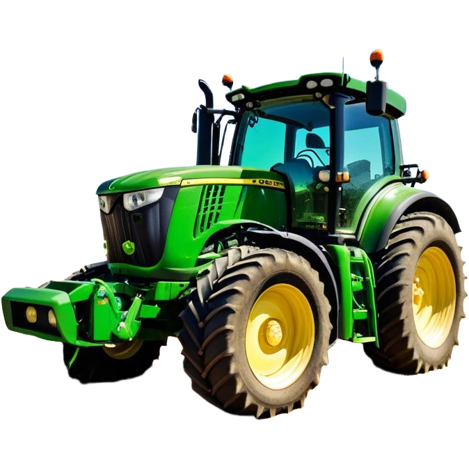 John Deere 6155M (2020) – Cinematic-realistic John Deere 6155M tractor, its iconic green and yellow body rolling across vast Australian farmlands. The powerful engine hums as it tows a massive plow, cutting through golden fields under a clear blue sky, dust rising in its wake. emoji