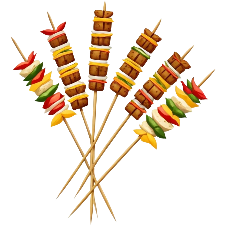 Sichuan Skewers Chuan Chuan Xiang with various foods on bamboo sticks, simplified emoji style with bold outlines and bright colors, cartoon style spicy street food emoji