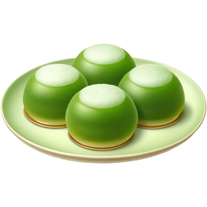 four green spherical warabi mochi on the plate emoji