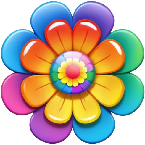 A round psychedelic colored button with bezeled edges and a rainbow colored flower in the center emoji