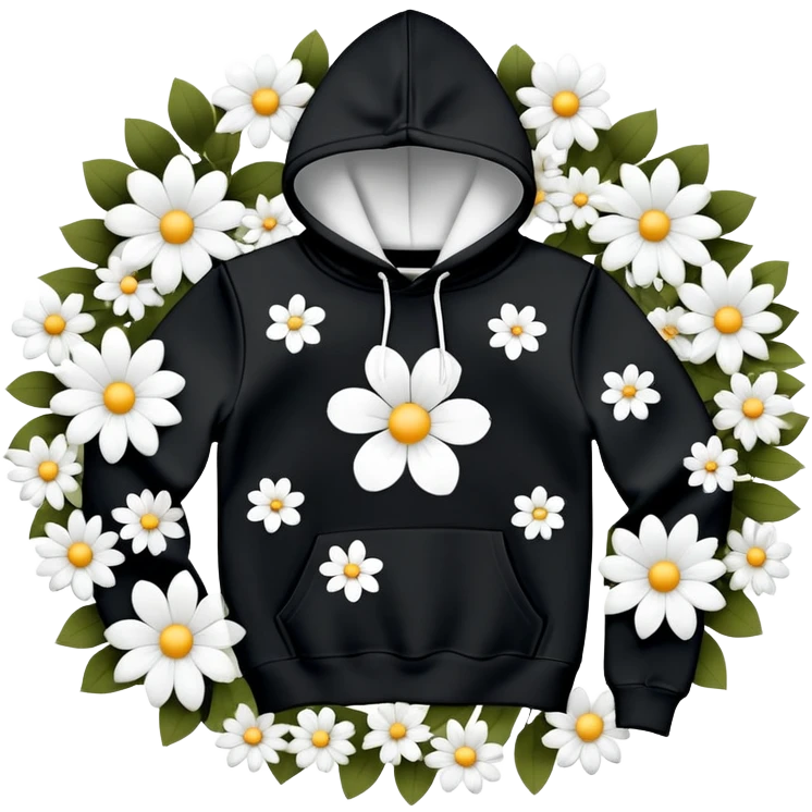 The BLACK Hoodie features a black base with distinctive white and black  open flower spots with empty space in the middle, These hollow ring-like patterns are scattered across. BLACK AND WHITE FLOWERS SPACED OUT FLOWERS, AND ONLY A FEW FLOWERS AND NO DOTS, NO VINES emoji