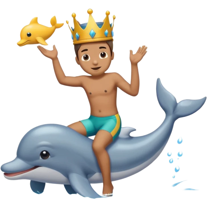 Man riding dolphin in lake with poop king on his head emoji