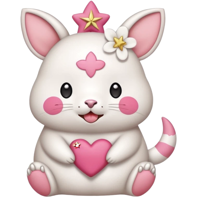 GENERATE ME A MOMONGA WHITE ANIMAL  FROM CHIIKAWA AND PUT A SAKURA FLOWER ON HIS HEAD AND A STAR PELT ON HIS BELLY AND A HEART PURSE ON HIS ARM WITH HIS FACE MAKE HIS TOUNGE STICK OUT WITH A LITTLEPINCH OFDROOL AND MAKE HIM ANIME STYLED ART emoji