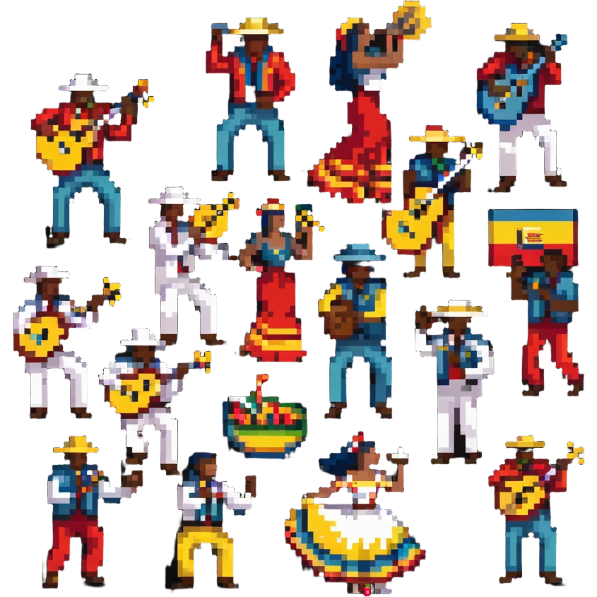Colombian salsa musicians with instruments and dancers in vibrant colors emoji