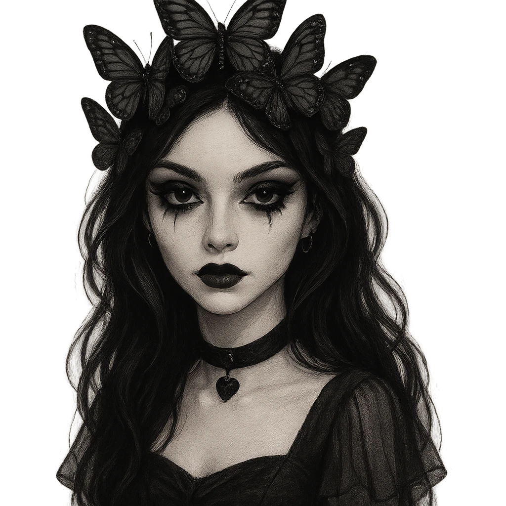 gothic emo girl with a heart-shaped face, butterfly crown, dark eyeliner, mysterious and elegant emoji