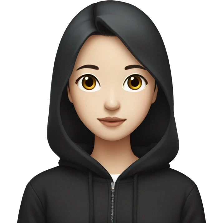 A korean girl with black hoodie (not wearing hood), black hair with between medium and long length, tall, skinny, has pretty face emoji