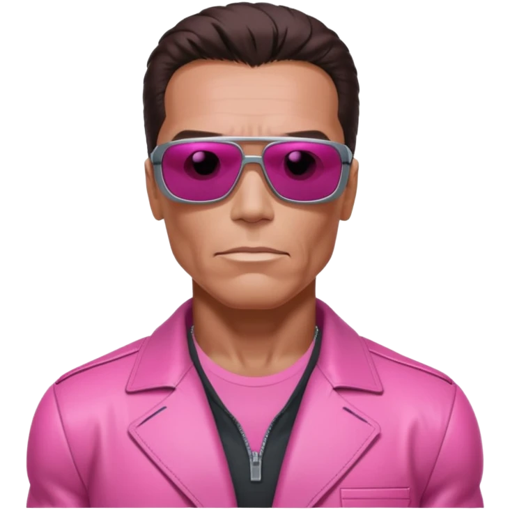 Schwarzenegger-like Terminator, upper body only, wearing his iconic clothes in pink (all clothes must be pink), looking more human with minimal robotic details, and wearing dark sunglasses, hair must be dark emoji