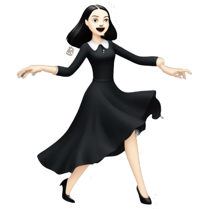 wednesday addams dancing with werewolves.she is wearing a long creepy black flowing evening gown that shows her legs with expensive high heels.  emoji