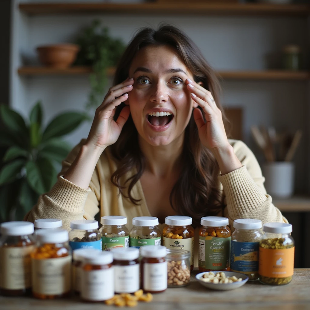 realistic image of a woman excessively taking supplements, considering them miraculous, many colorful jars, expression of exaltation, homely atmosphere emoji