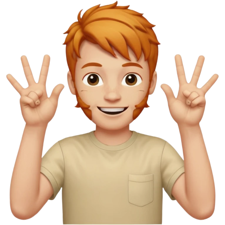 Very happy ginger boy with eyebrow length hair holding up both hands with Shaka hand signs emoji