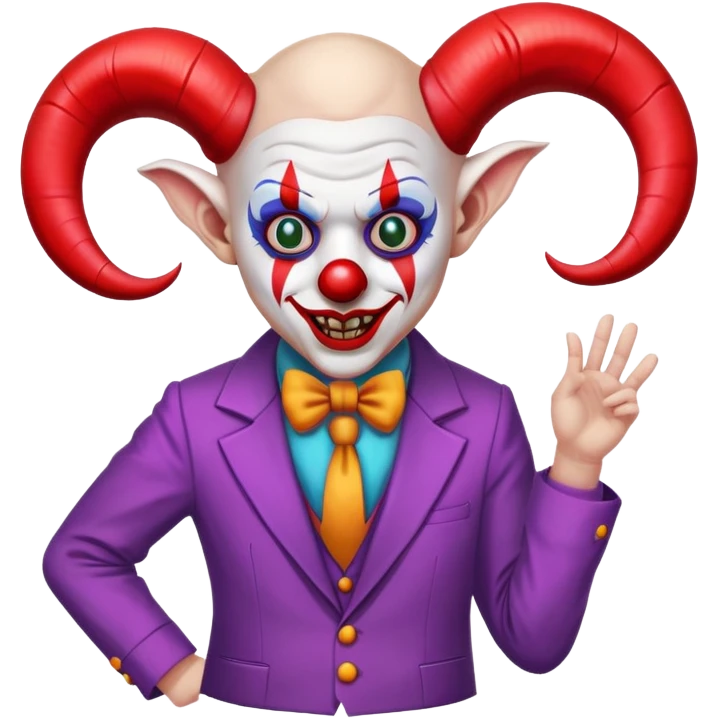 demonic clown wearing a leisure suit, bald with ram horns emoji