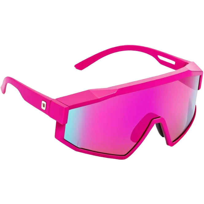 sporty hot pink shield visor sunglasses with thick angular frame, geometric chunky design, substantial build, one-piece lens emoji