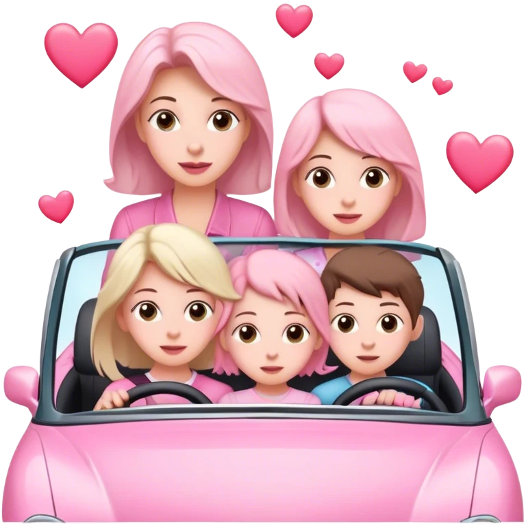 one mom, two daughters, and one son driving in pink convertible with hearts blowing behind emoji