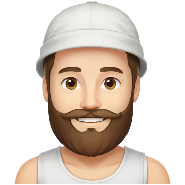 Alex Hormozi, white man with mid-long hair wearing a cap, big beard, smiling, white tank top emoji