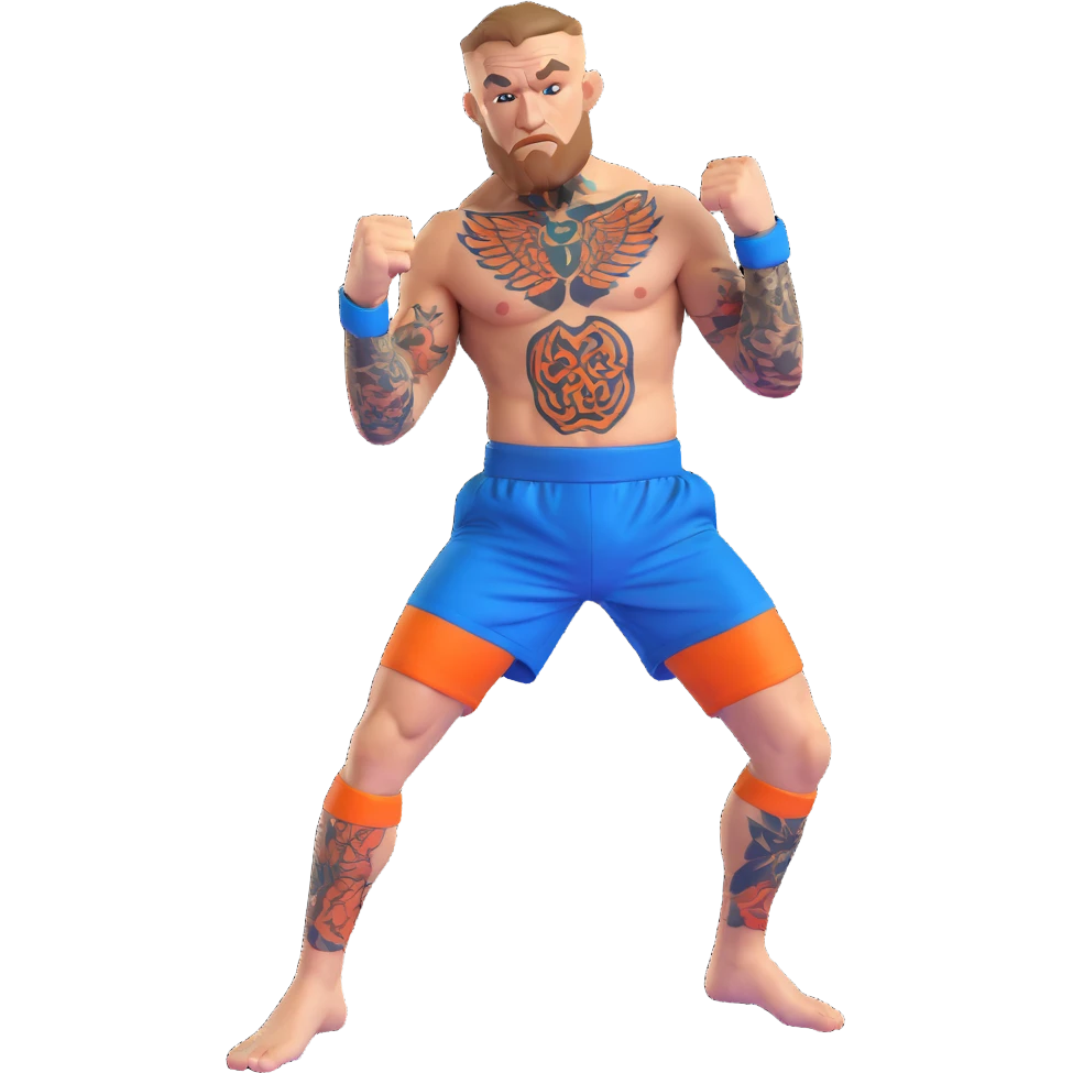 Conor McGregor in fighting stance with blue UFC shorts and detailed tattoos emoji