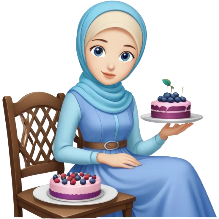 Turkish beautiful finish Konya girl blue eyes with pastel hijab long tail dress and sits on the chair and holds blueberry cake with her hand  emoji