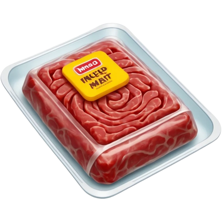 A 3D cartoon pack of minced meat wrapped in transparent plastic, supermarket-style packaging, top angleMemoji-style. emoji