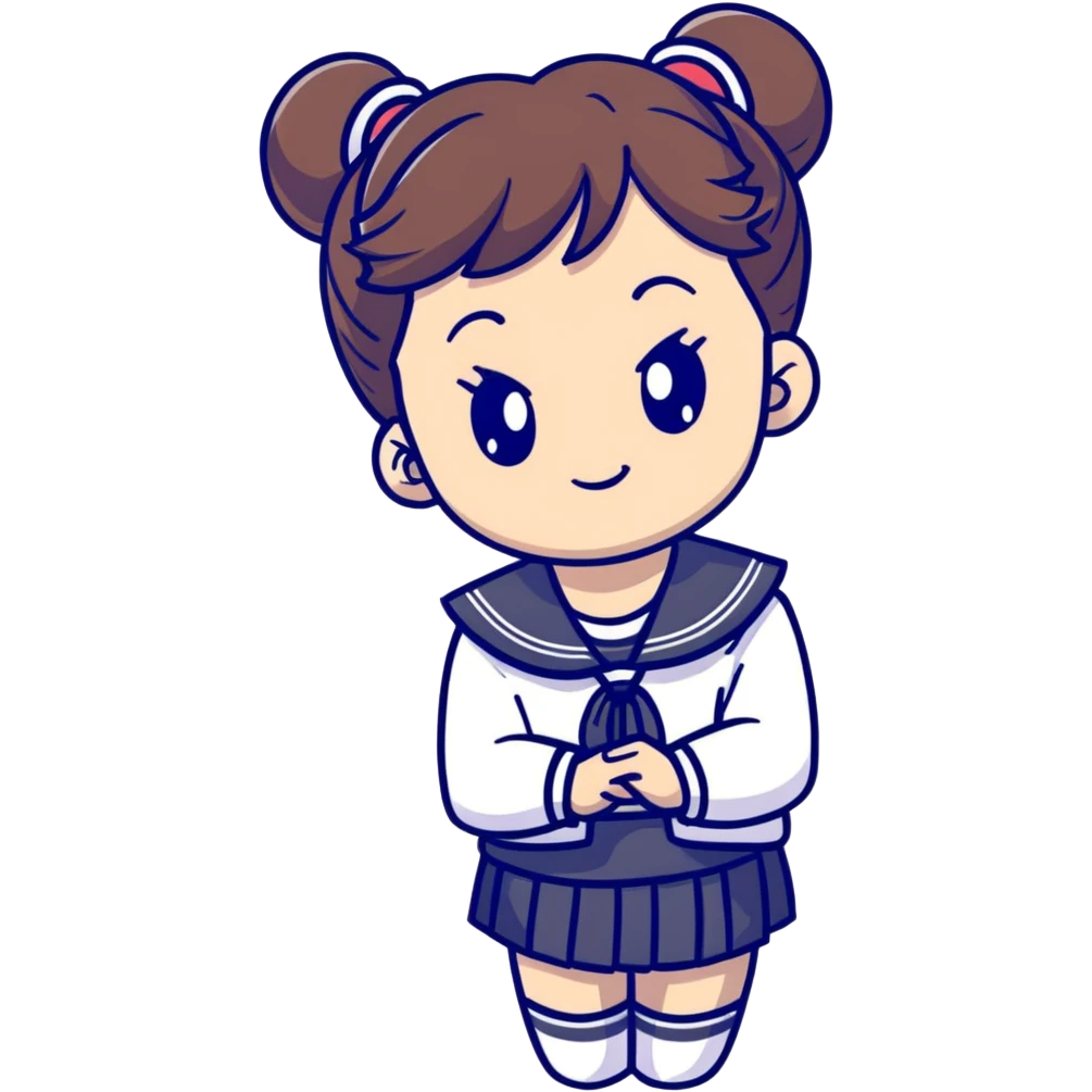 Ultra cute Japanese schoolgirl with high odango bun hairstyle wearing Japanese school uniform with sailor collar emoji