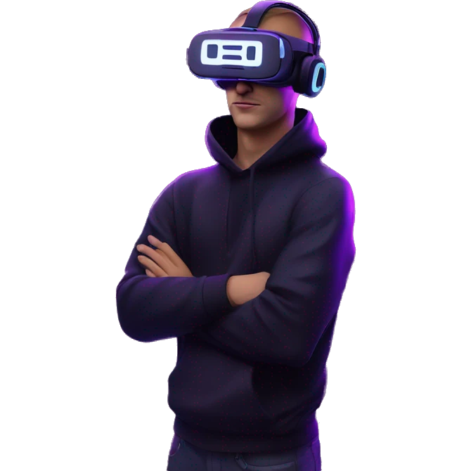Russian man wearing a black hoodie with "OMG" letters on it and VR headset in a cyberpunk VR environment with violet neon lighting. emoji