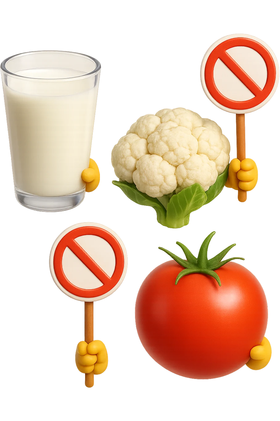 emoji stile iphone di un BICCHIERE DI LATTE CAVOLFIORE E POMODORO CHE FLUTTUANO IN ARIA VERTICALMENTE CON DIVIETI IN MANO, iperrealistico 4k, isolato su sfondo bianco emoji