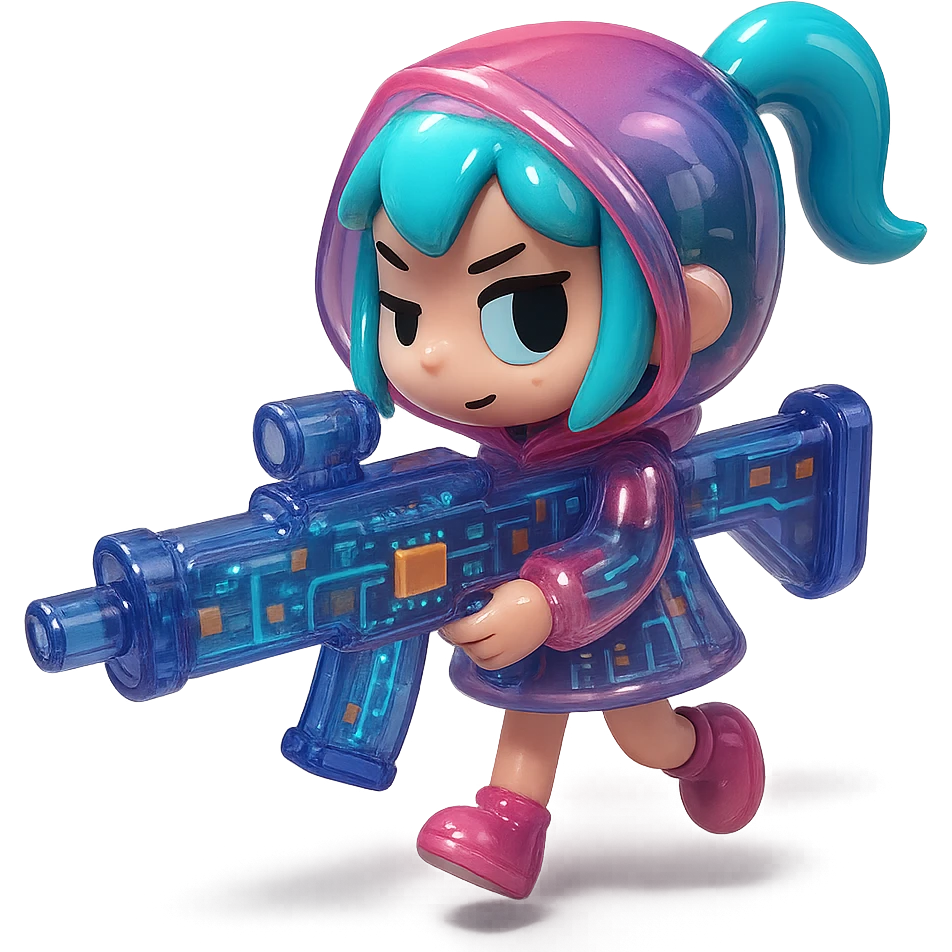 quirky stalker girl with an oversized machine gun, futuristic vibes emoji