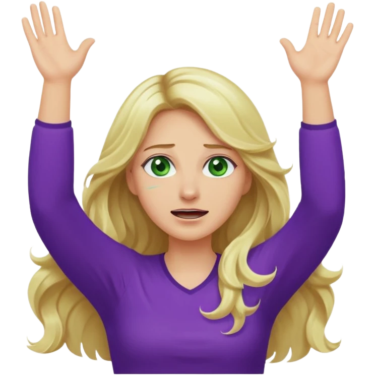 lady with long wavy blonde hair, purple top, green eyes, throwing her hands in the air crying emoji