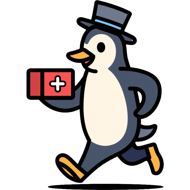 Side view of a penguin doctor running, wearing a top hat, holding a medical box with a red cross emoji