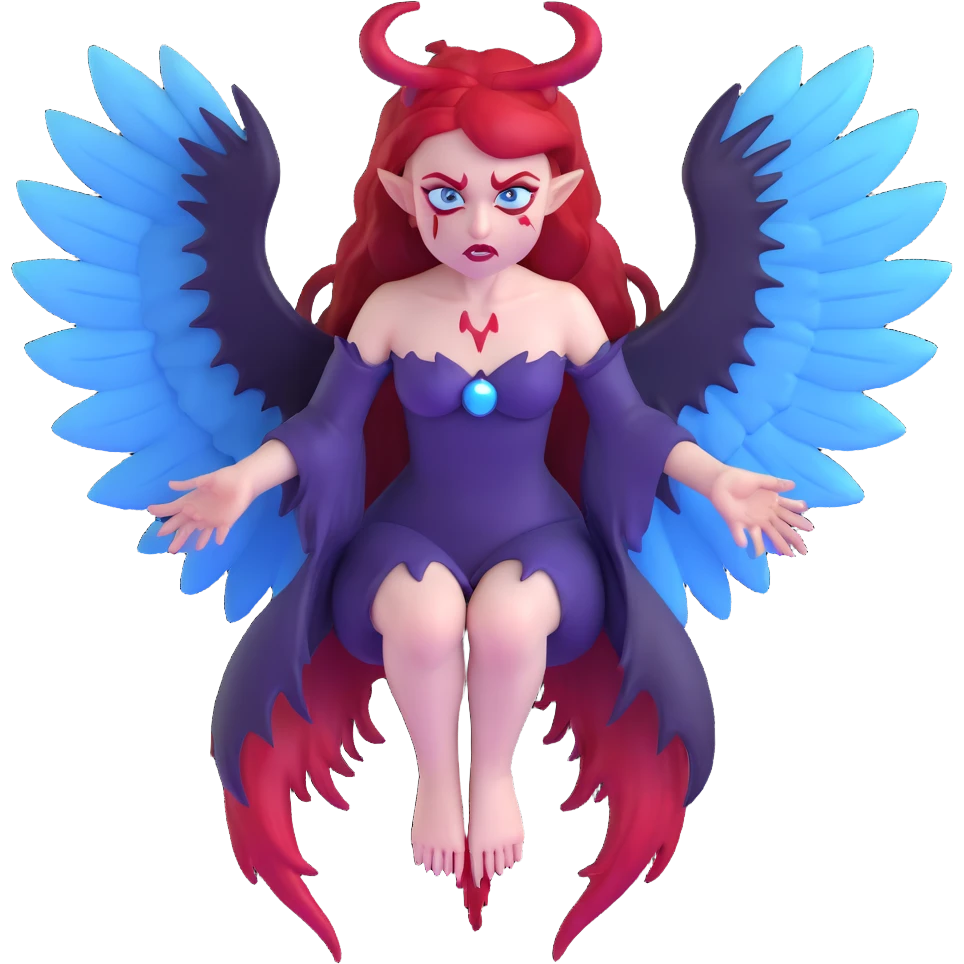 extremely diabolical demon girl with enormous high reaching wings, blood red hair, sinister glowing blue eyes, dark hellish aura, no horns, fangs emoji