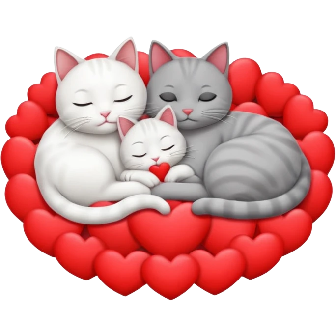 White cat and gray cat sleeping together in a bed full of hearts emoji