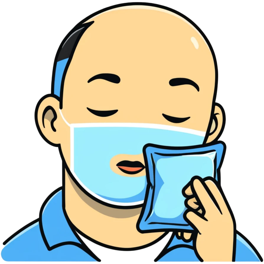 Person holding square ice pack on swollen cheek emoji