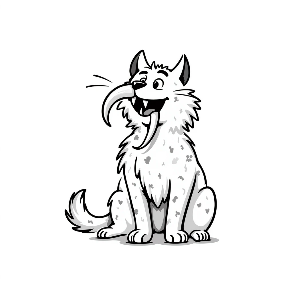 sketch of a saber-toothed cat with ludicrously long canine teeth that extend far below its body, extreme sword-like tusks emoji