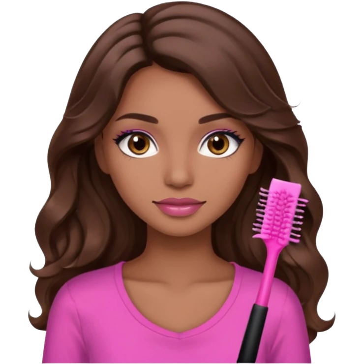 gorgeous woman, light brown skin, dark brown eyes, long wavy brown hair, pink top, wearing clear lipgloss and mascara  emoji