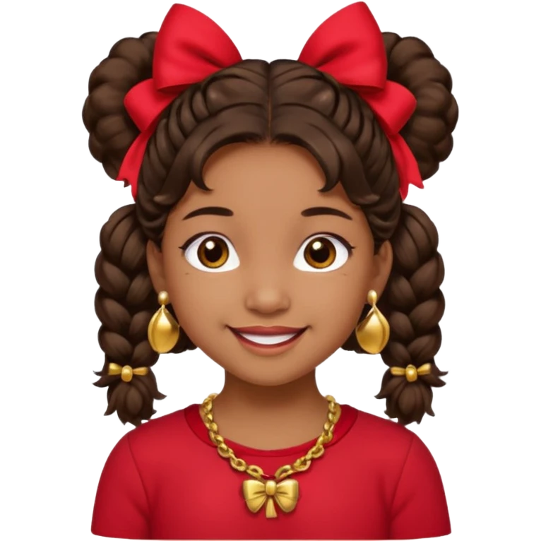 Brownskin girl dark brown hair fluffy. pigtails with red bows brown eyes smiling closed mouth red shirt gold esrrings gold necklace emoji
