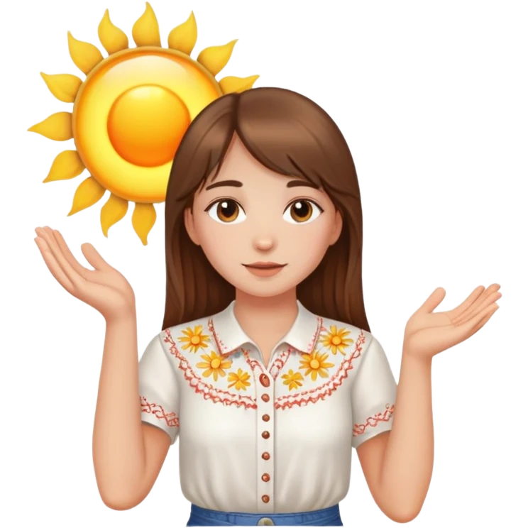 A young Ukrainian girl with brown hair wearing a white embroidered shirt holds the sun in her hands emoji