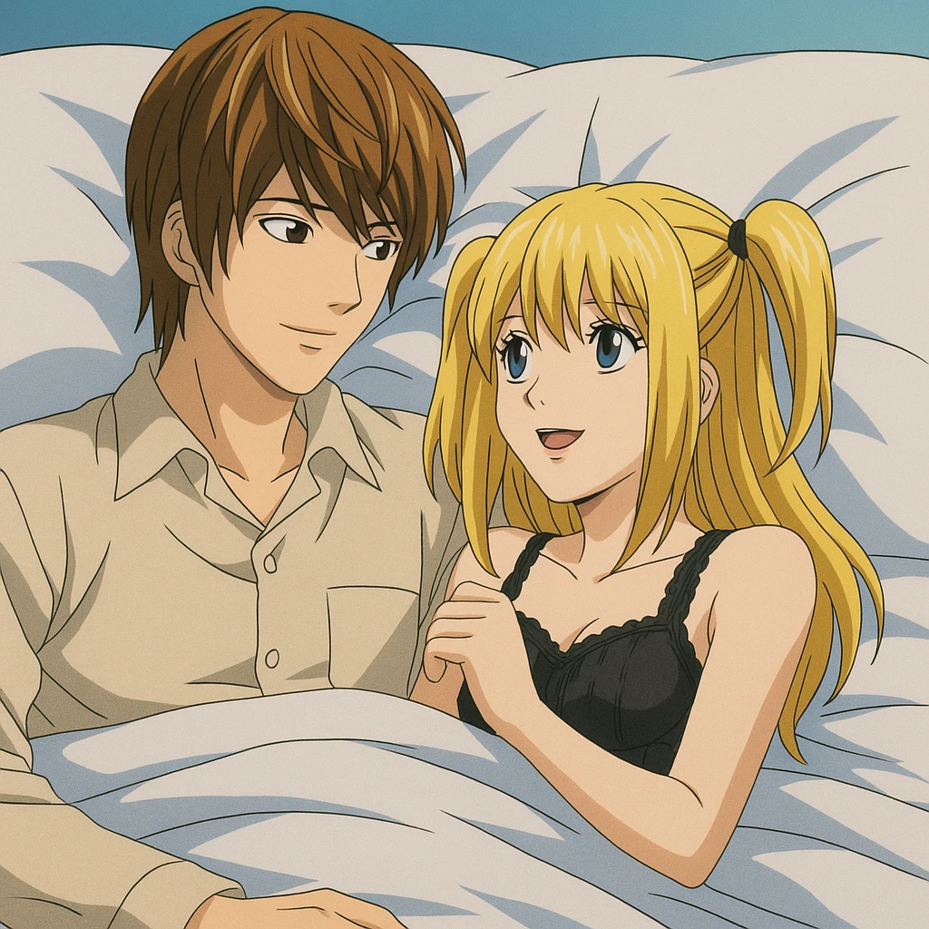 Light Yagami and Misa Amane in a bed, classic anime style, bright colors emoji