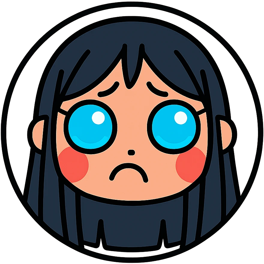 chibi cyberpunk girl with long straight black hair, large glowing neon-blue anime eyes, light peach skin, round face, small nose, soft cheeks, thin black line art, pouting expression with big lower lip sticking out, eyebrows curved upward with frustration, slightly puffed red cheeks, pure white background, inside a thin black circle emoji