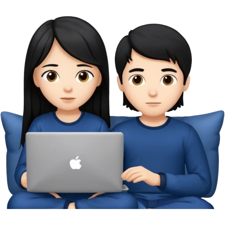 black haired boy and long haired girl in navy blue pajamas , watching movie on laptop emoji