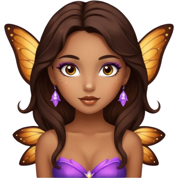 Pretty girl with caramel skin. Dark brown hair and brown eyes. She has freckles. Wearing sexy makeup. Wearing a fairy costume. wearing heels emoji
