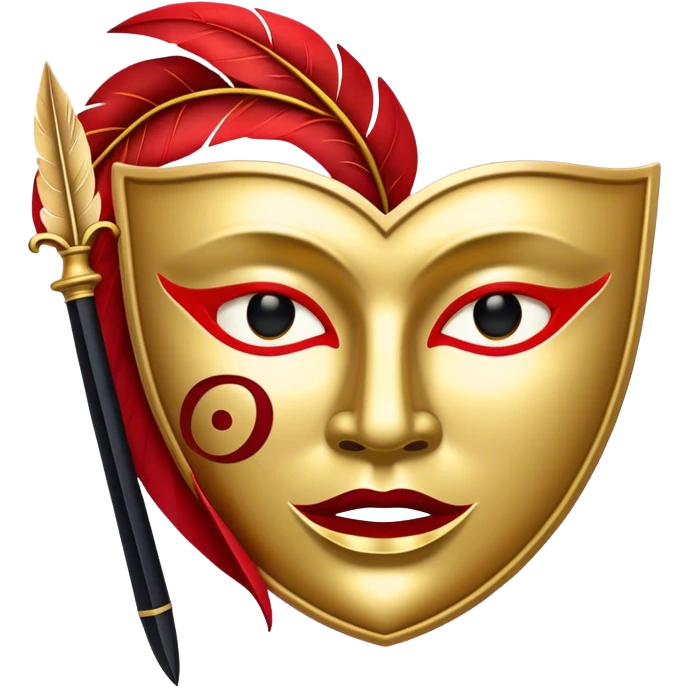 Create a bold and dramatic emoji representing the art of playwriting. The design should feature an open script or a theater playbook, with stylized text lines or dramatic dialogue inside. Include elements like a theatrical mask (comedy or tragedy), a stage spotlight, or a quill to symbolize creativity and performance. Use deep, contrasting colors like red, black, and gold to evoke the intensity and passion of drama. The overall design should feel dramatic, inspiring, and artistic. Make the background transparent. emoji