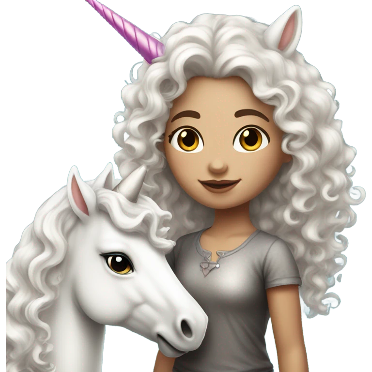 Beautiful white skin girl with curly hair standing next to unicorn emoji
