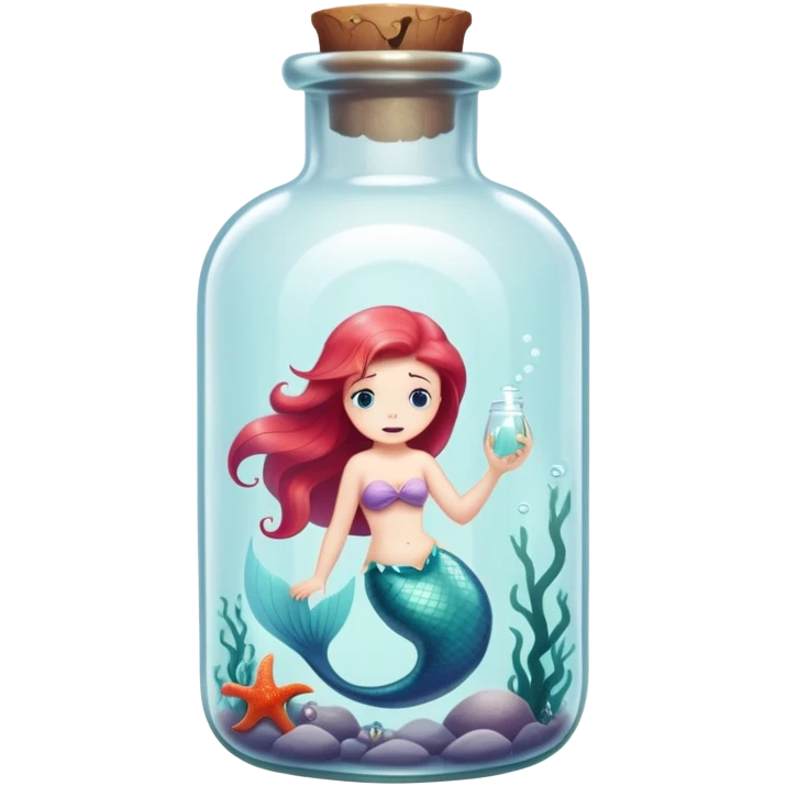 small little mermaid in bottle, trapped in fear emoji