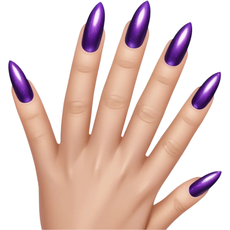 Close-up beauty shot of a feminine hand with long almond-shaped nails painted in deep metallic purple chrome polish, fine shimmer particles catching the light, glossy gel finish emoji