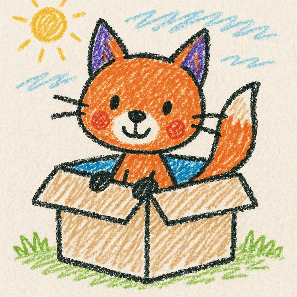 cute fox sitting in a cardboard box with playful expression, kids toy aesthetic, fox peeking out of the box emoji