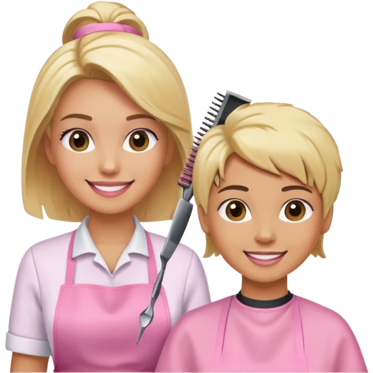 smiling woman in pink apron getting a haircut from a smiling female hairstylist emoji