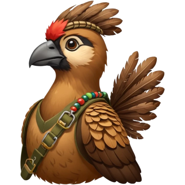 A bird bombadier, bandolier of grenades, side profile, forest critter emoji