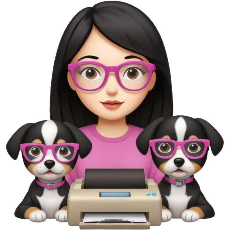 Una chica con pelo negro y lentes rosados con una impresora y dos perras una cajeta y la otra negra emoji