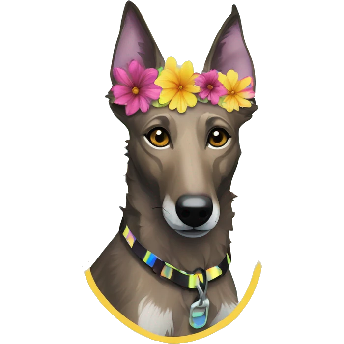  brindle brown black maroon striped lurcher Alsatian fox running blue eyes and iridescent holographic oilslick harness wearing paper iridescent tropical flower crown yellow caution tape emoji