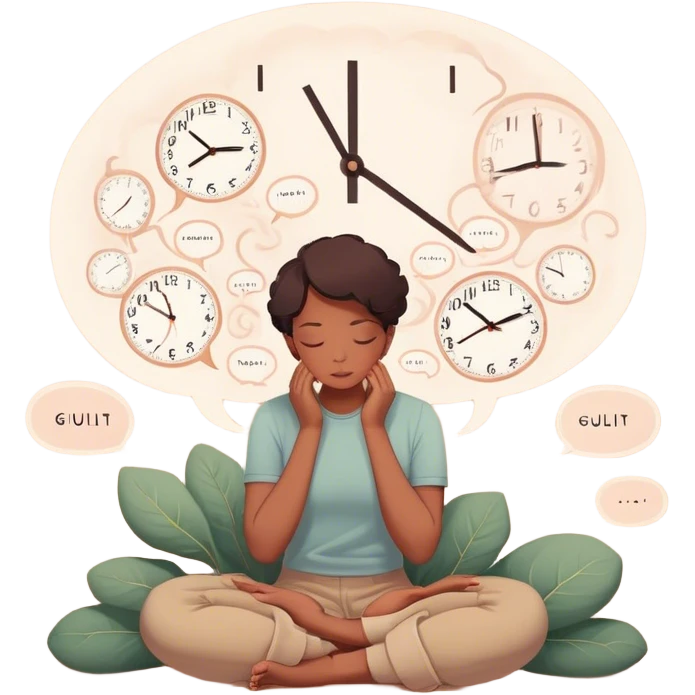 A person sits with their hands gently resting on their lap, eyes closed, exhaling slowly. Above them, a swirling thought bubble holds the words guilt and discomfort, but they don’t push it away—they just sit with it. In the background, a clock ticks softly, symbolizing the pause before responding. = emoji