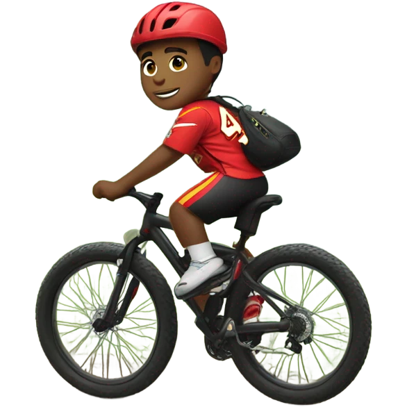 Light skinned boy in Kansas city chiefs fan clothes riding black mountain bike emoji